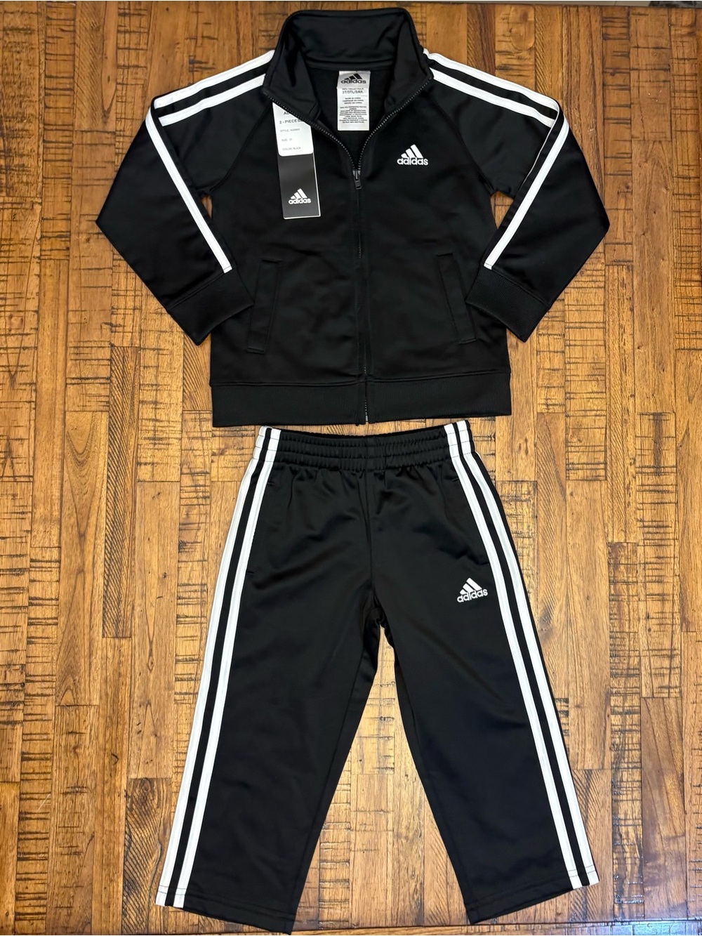 adidas Black Toddler Boys Tricot Zip Track Jacket & Pants with White Stripes 3T